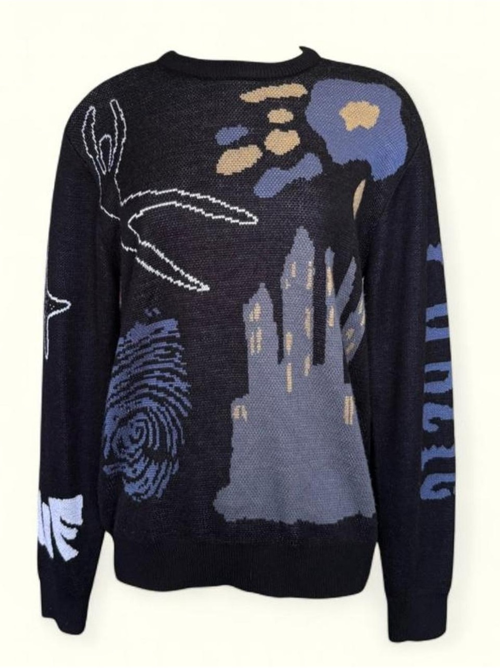 SOLDOUT HUF x Public ‘Avenue’ Black Abstract Sweater w/ Blue & Cream Design- S